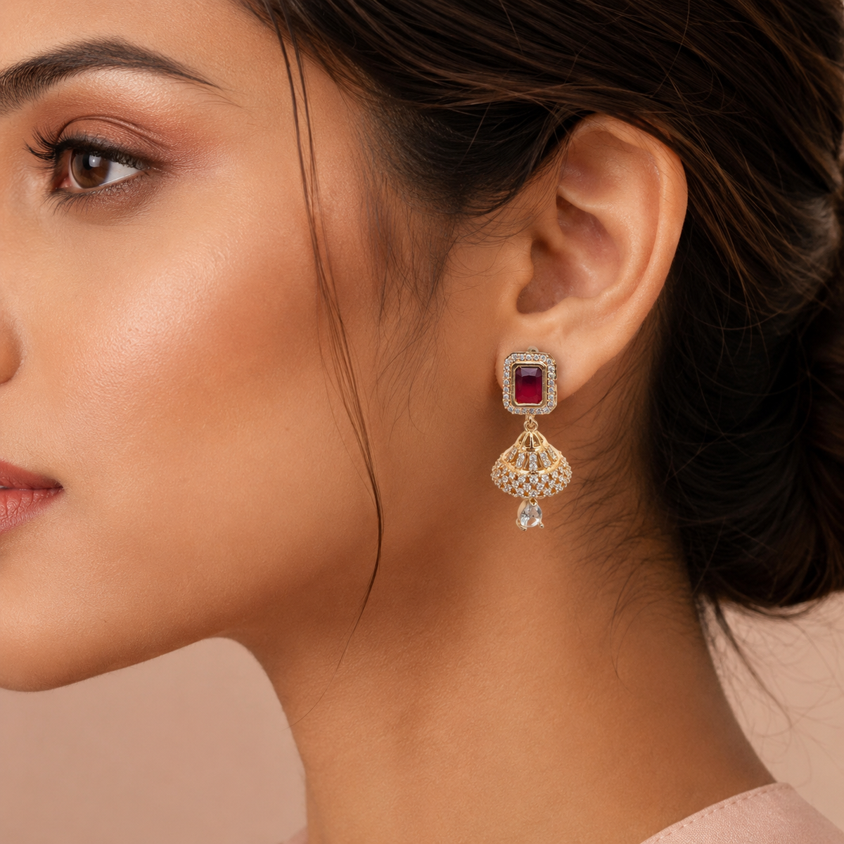 Kashish - Ruby Red Stone Crystal Jhumka Earrings for Women