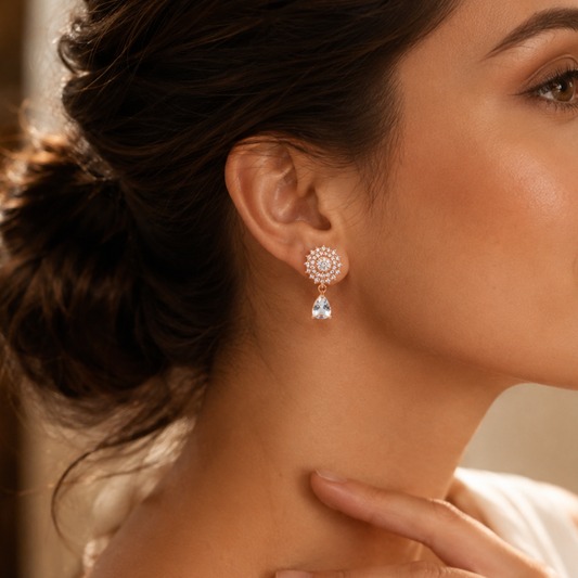 White Crystal Stone Floral Drop Earrings