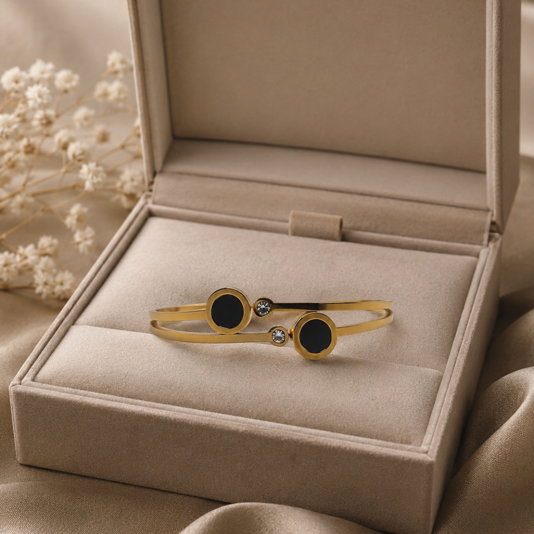 Luxury Gold-Tone Stainless Steel Bracelet with Black Stone & Crystal