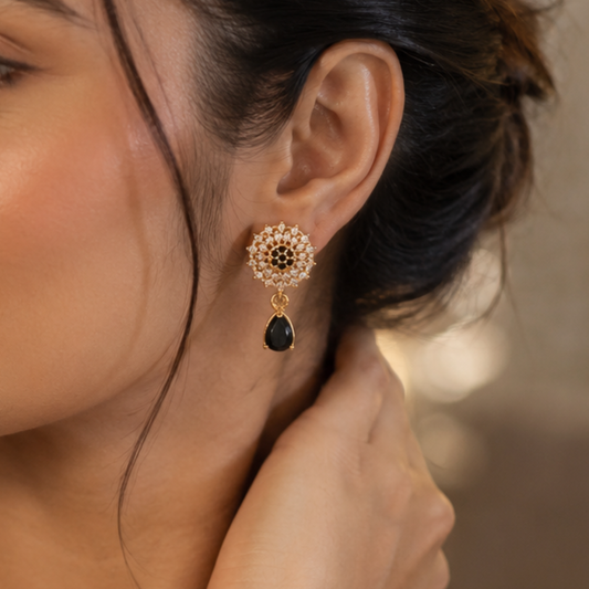 Kashish - Black Stone Floral Drop Earrings for Women