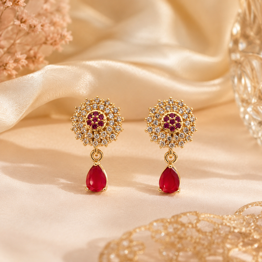 Kashish - Ruby Red Floral Drop Earrings