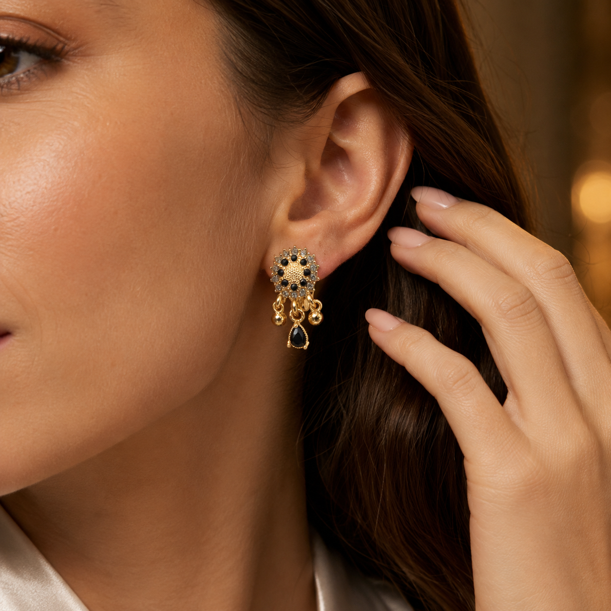 Kashish - Black Stone Crystal Drop Earrings for Women