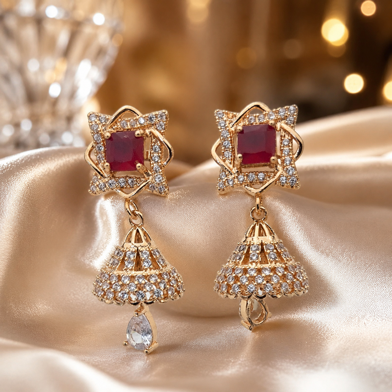 Kashish - Ruby Stone Crystal Jhumka Earrings for Women