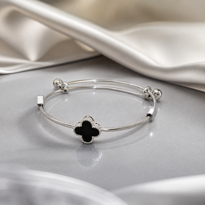 Kashish - Stainless Steel Black Clover Adjustable Silver Bracelet for Women