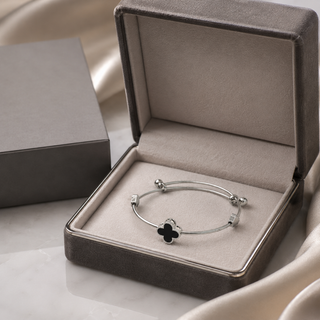 Kashish - Stainless Steel Black Clover Adjustable Silver Bracelet for Women
