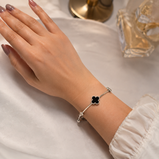 Kashish - Stainless Steel Black Clover Adjustable Silver Bracelet for Women
