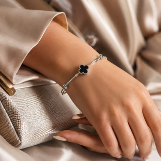 Kashish - Stainless Steel Black Clover Adjustable Silver Bracelet for Women