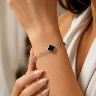 Kashish - Stainless Steel Black Clover Adjustable Silver Bracelet for Women