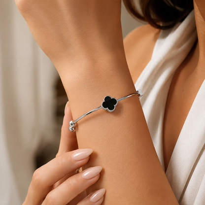 Kashish - Stainless Steel Black Clover Adjustable Silver Bracelet for Women