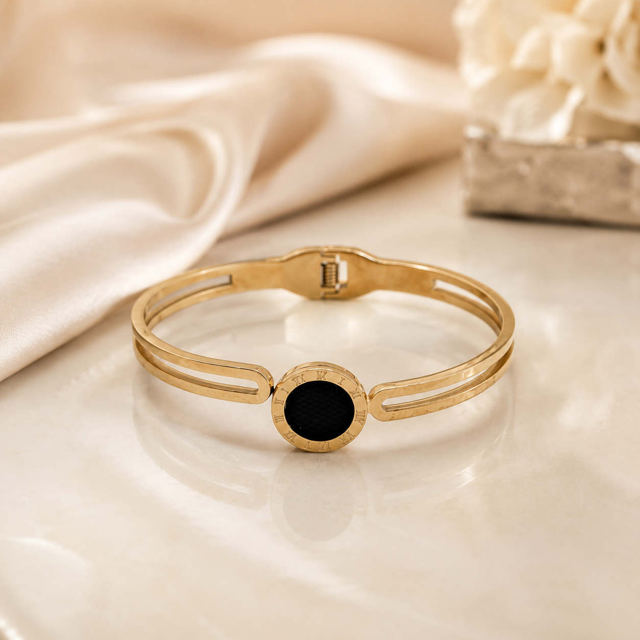 Kashish - Stainless Steel Black Roman Dial Openable Bracelet for Women