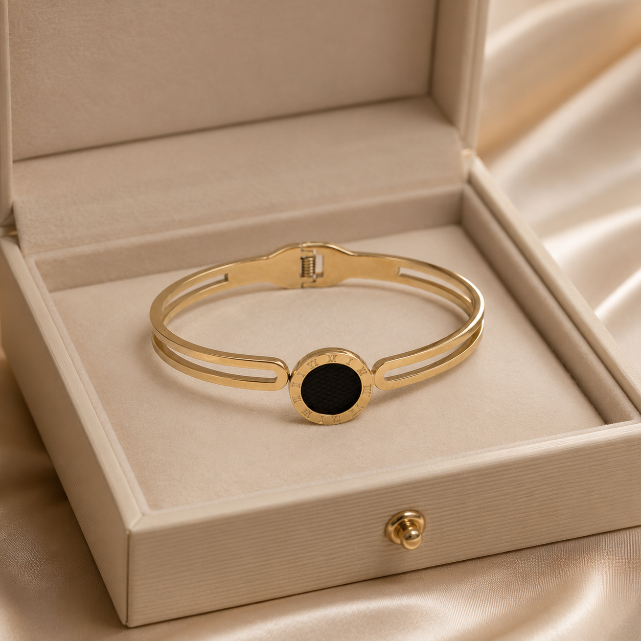 Kashish - Stainless Steel Black Roman Dial Openable Bracelet for Women