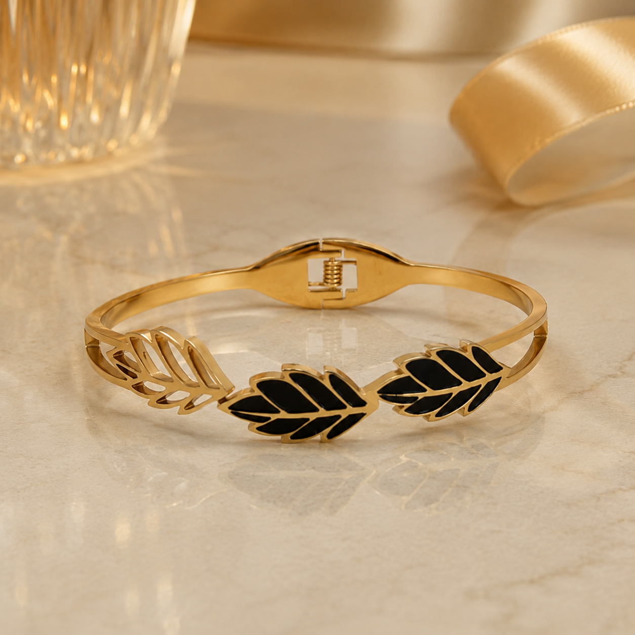 Kashish - Stainless Steel Black Leaf Openable Bracelet for Women