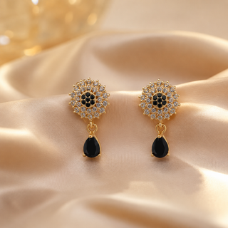 Kashish - Black Stone Floral Drop Earrings for Women