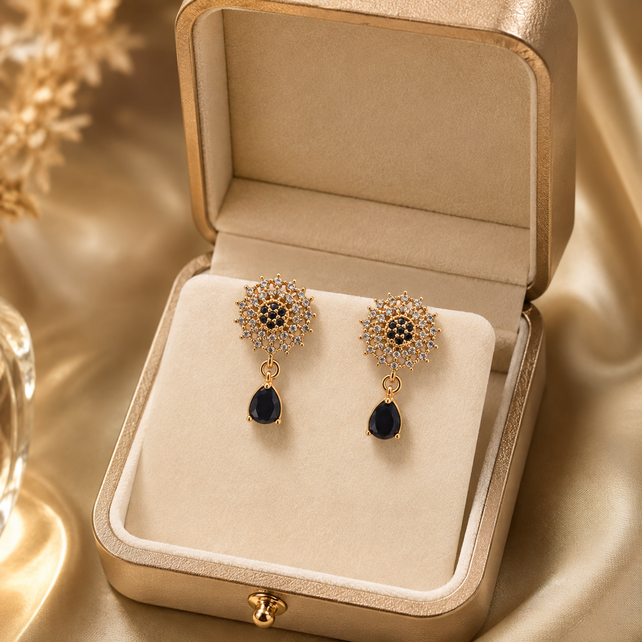 Kashish - Black Stone Floral Drop Earrings for Women
