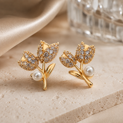 Kashish - Floral Pearl & White Crystal Earrings for Women