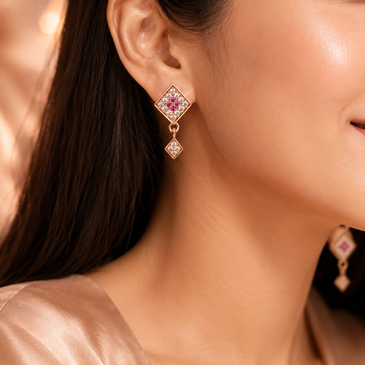 Kashish China Gold Ruby & White Crystal Diamond Drop Earrings for Women