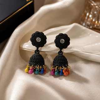 Kashish Black Floral Jhumka Earrings with Multicolor Beads
