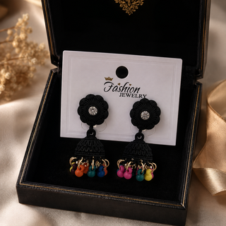 Kashish Black Floral Jhumka Earrings with Multicolor Beads