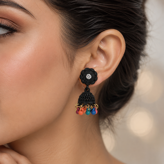 Kashish Black Floral Jhumka Earrings with Multicolor Beads