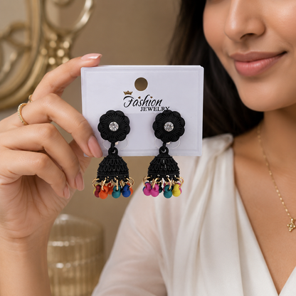 Kashish Black Floral Jhumka Earrings with Multicolor Beads