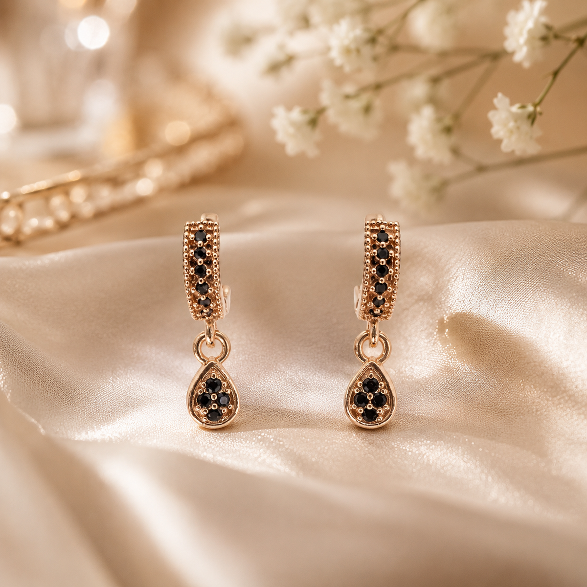 Kashish - Black Stone Rose Gold Drop Earrings for Women