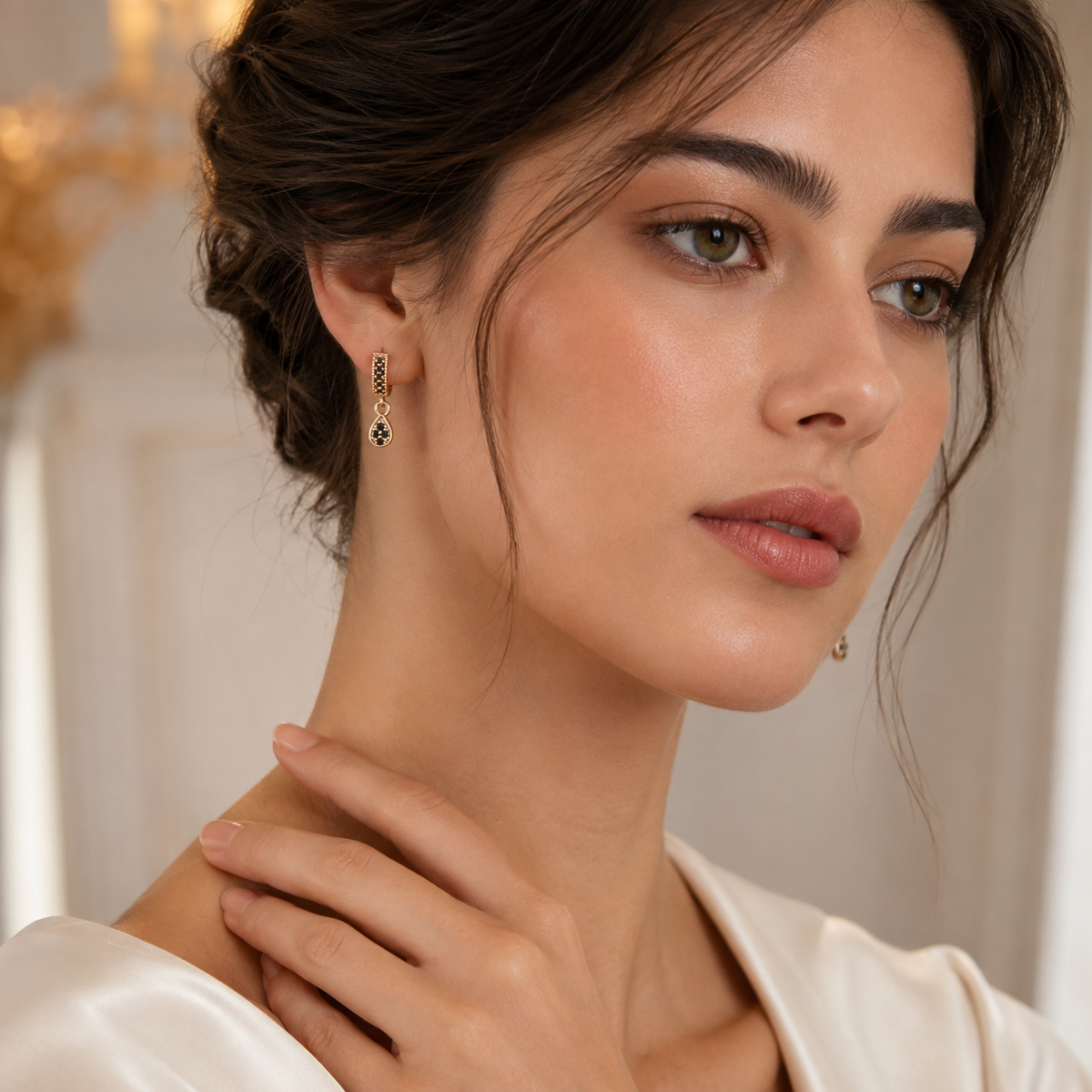 Kashish - Black Stone Rose Gold Drop Earrings for Women