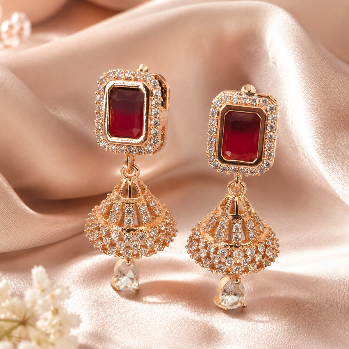 Kashish - Ruby Red Stone Crystal Jhumka Earrings for Women