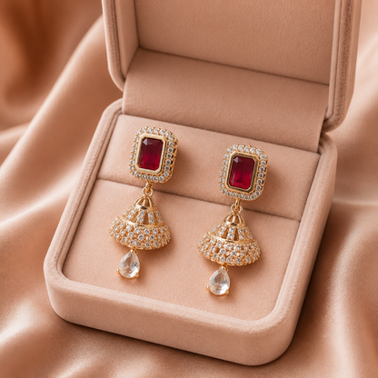 Kashish - Ruby Red Stone Crystal Jhumka Earrings for Women