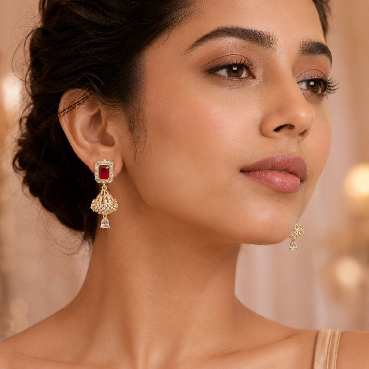 Kashish - Ruby Red Stone Crystal Jhumka Earrings for Women