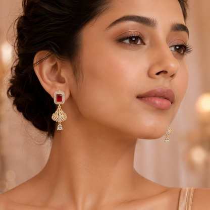 Kashish - Ruby Red Stone Crystal Jhumka Earrings for Women