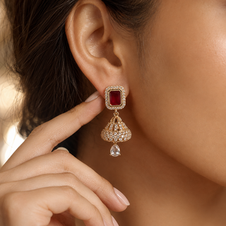 Kashish - Ruby Red Stone Crystal Jhumka Earrings for Women