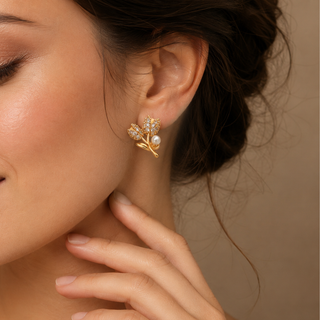 Kashish - Floral Pearl & White Crystal Earrings for Women