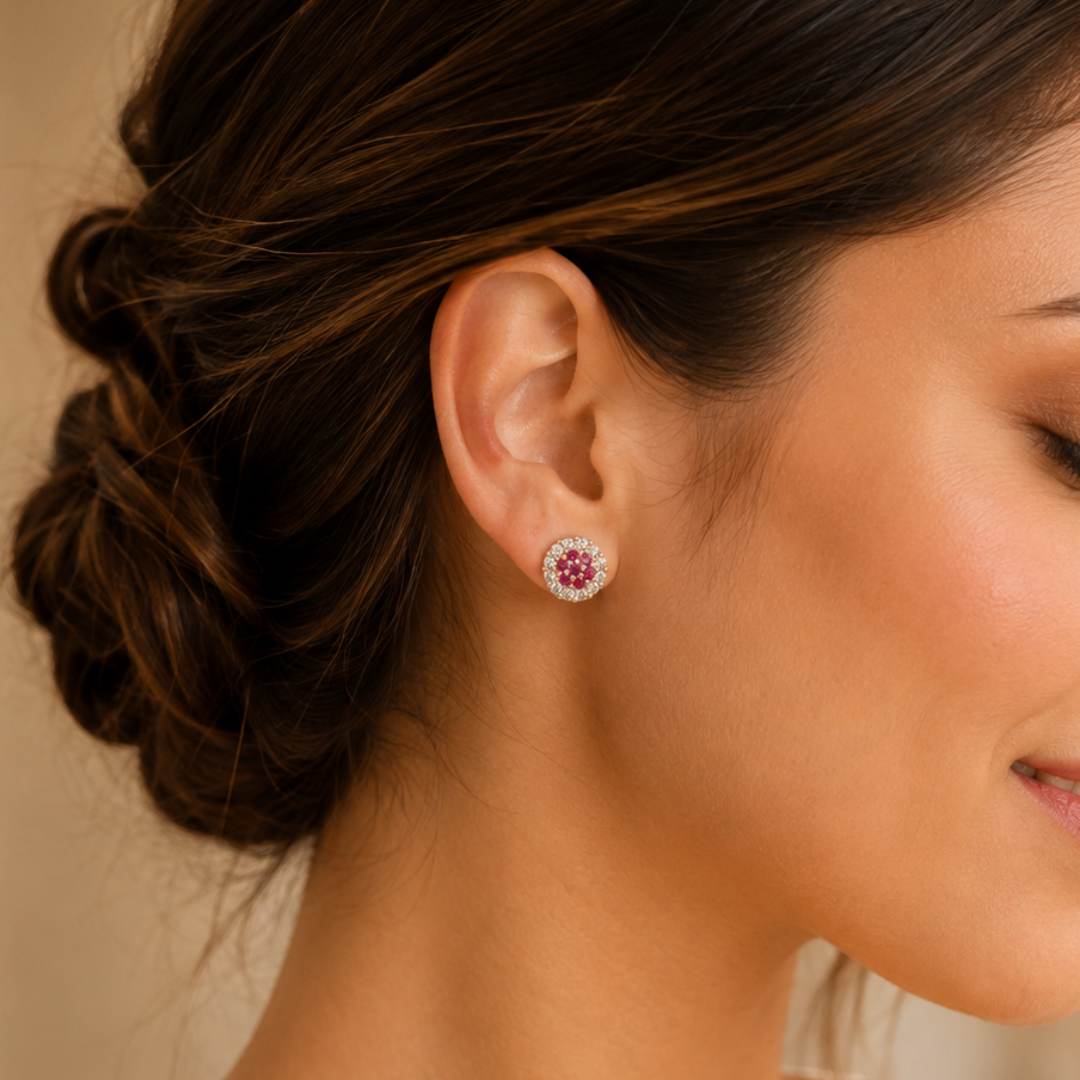 Kashish - Ruby Pink & White Crystal Round Stud Earrings for Women