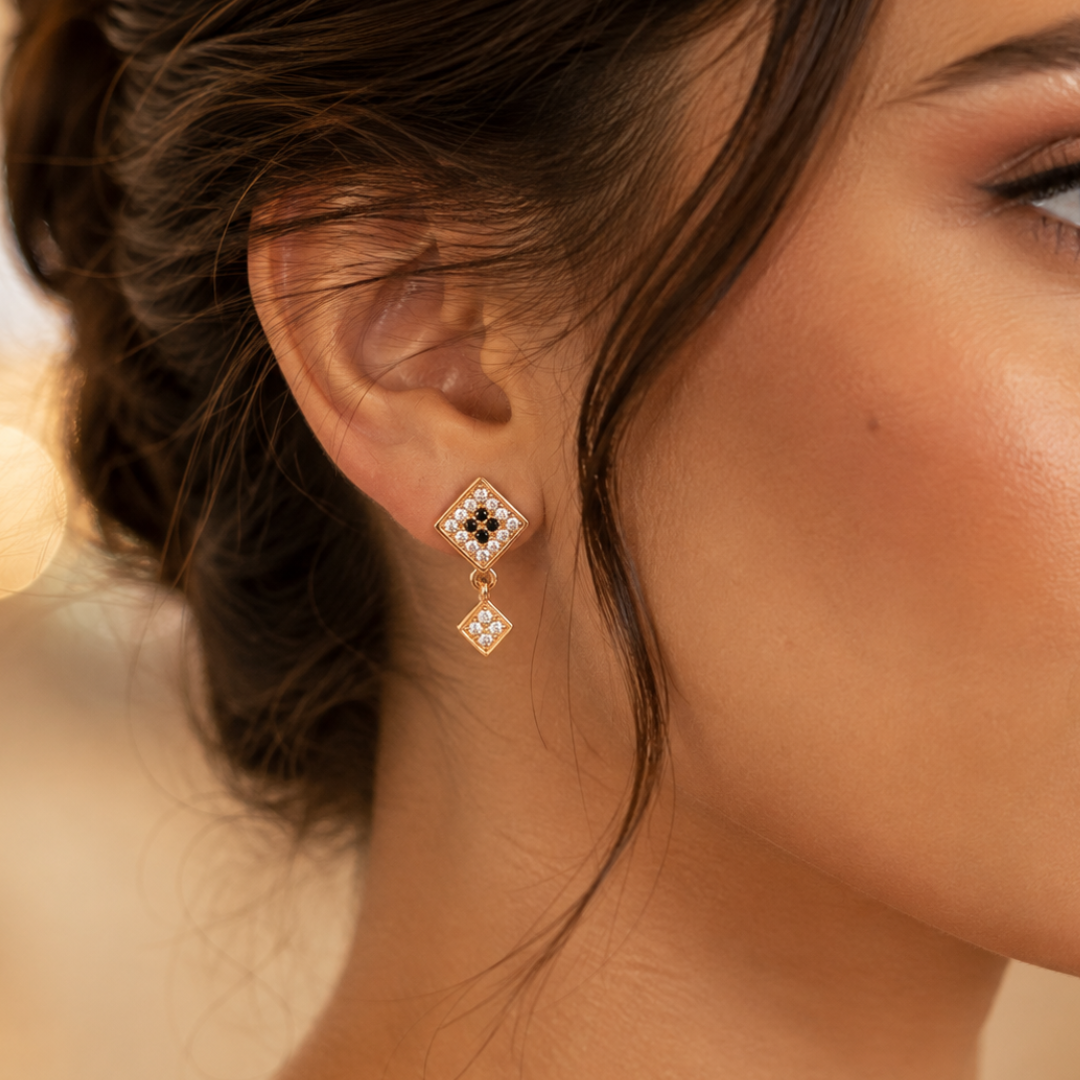 Kashish China Gold Black & White Crystal Diamond Drop Earrings