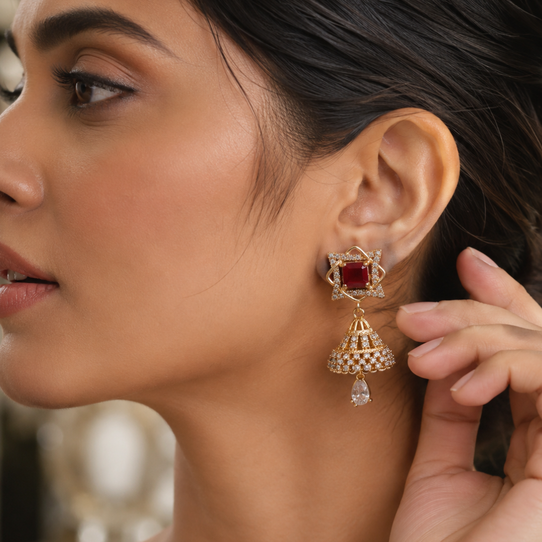 Kashish - Ruby Stone Crystal Jhumka Earrings for Women