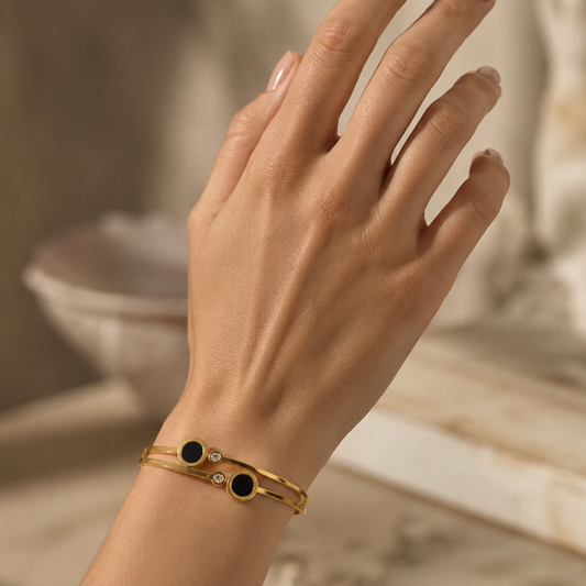 Luxury Gold-Tone Stainless Steel Bracelet with Black Stone & Crystal