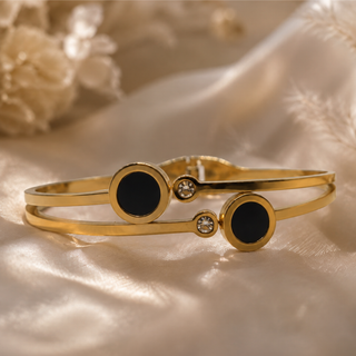 Luxury Gold-Tone Stainless Steel Bracelet with Black Stone & Crystal