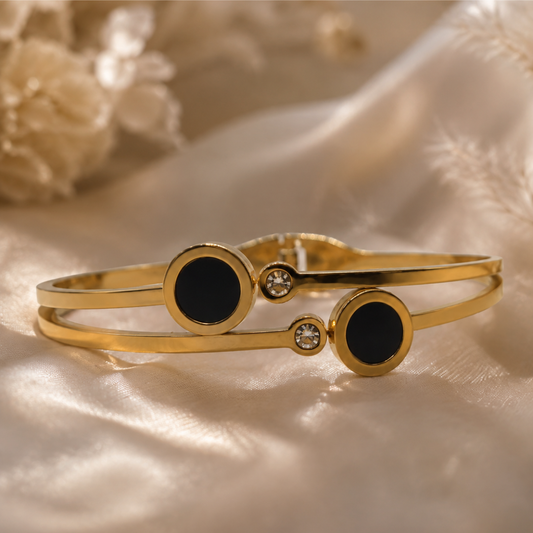 Luxury Gold-Tone Stainless Steel Bracelet with Black Stone & Crystal