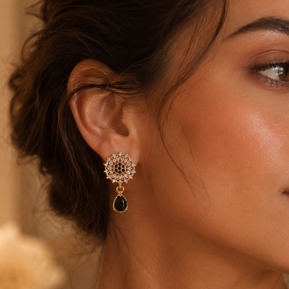 Kashish - Black Stone Floral Drop Earrings for Women